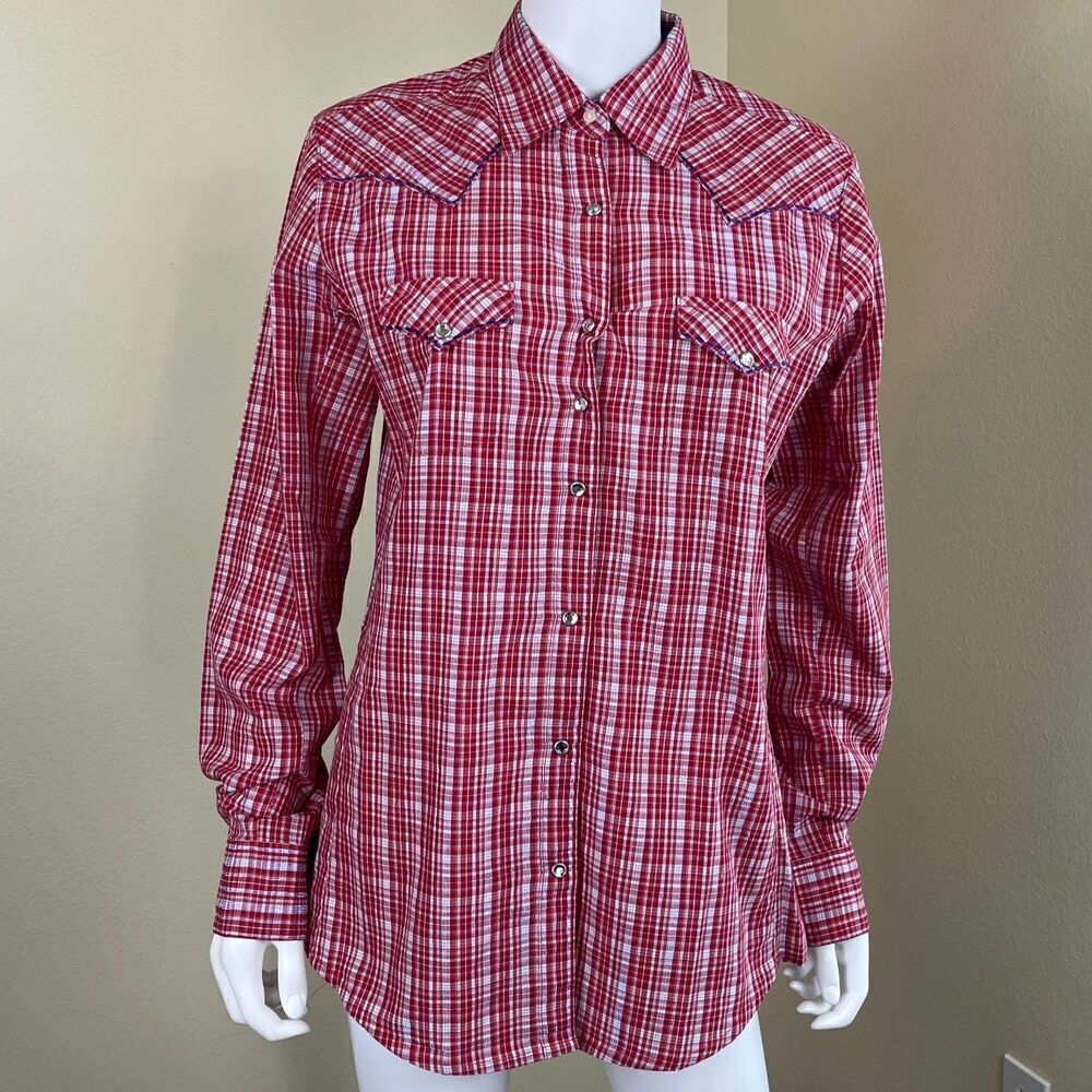 Wrangler Women's Size M Red Check Plaid Cotton Button Down Blouse Western Rodeo